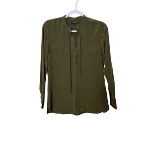 Madewell Silk Lace Up Monroe Long Sleeve Blouse Women XS Olive Green Feminine
